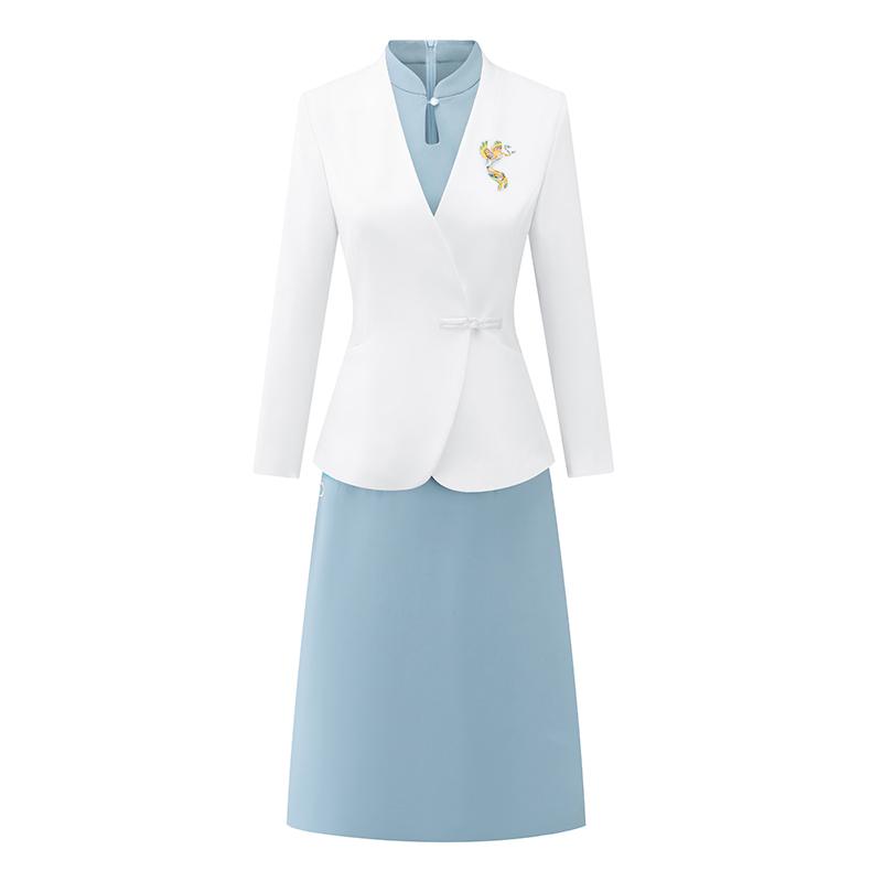 制服 ユニフォーム チャイナドレス ワンピース 半袖 白ジャケット Vネック 刺繍 無地 ミディ丈 夏 レデ..