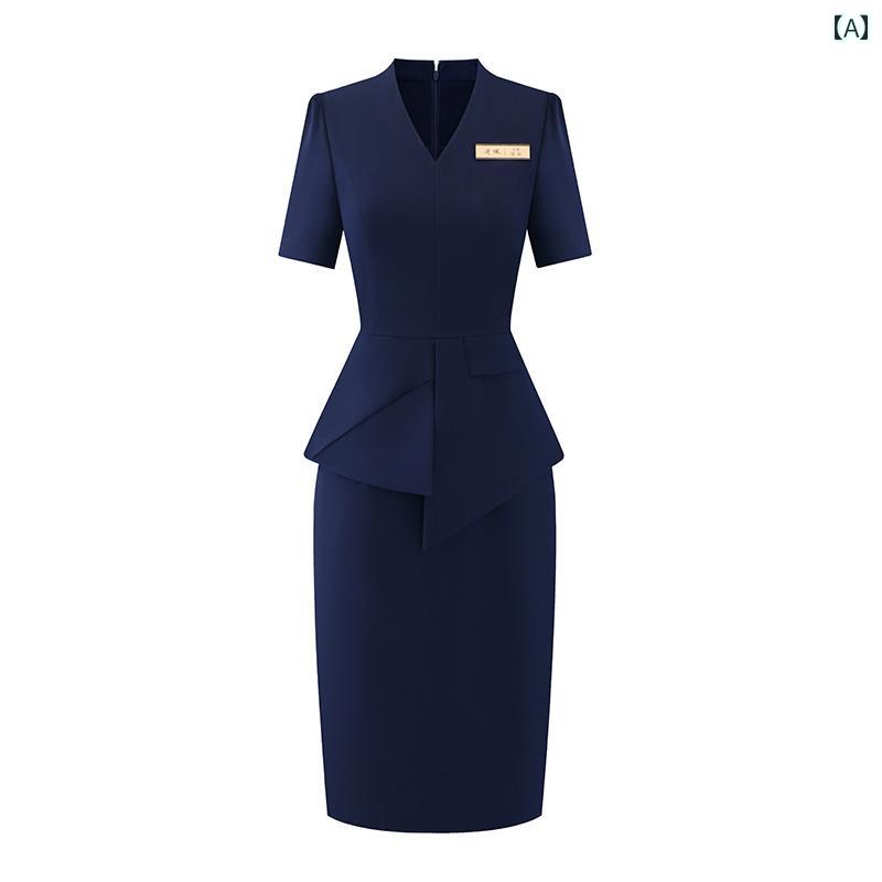 制服 ユニフォーム スカート スーツ風 襟なし Vネック 左右非対称 半袖 スリムフィット 夏 レディース 受付 フロント CA ショップ 接客 高級感 気品