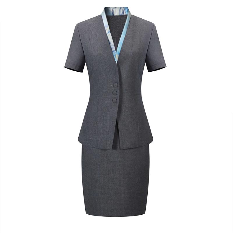 制服 ユニフォーム スーツ スカート パンツ Vネック 縁取り 半袖 スリムフィット 夏 レディース 受付 フロント CA ショップ サロン 接客 高級感 気品