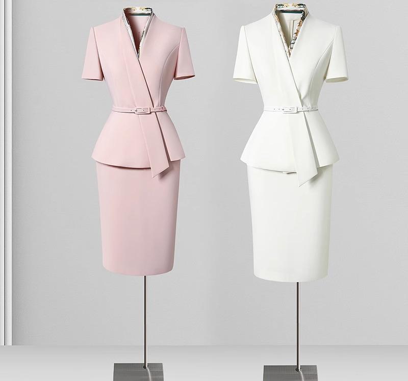 制服 ユニフォーム スーツ スカート パンツ 襟なし 半袖 カラーブロック スリムフィット 夏 レディース 受付 フロント オフィス CA ショップ 接客 高級感