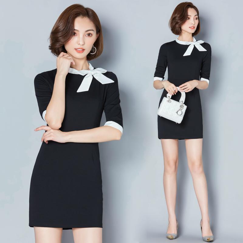 楽天ラ・グラーヌレディース ドレス ワンピース 黒 半袖 七分袖 ショート丈 ミニ 膝上丈 白リボンタイ 蝶結び カラーブロック 韓国スタイル スタイリッシュ モダン オフィス 制服 フォーマル シンプル ミニマル
