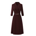 レディース ドレス ワンピース 半袖 七分袖 長袖 ロング丈 ミディアム丈 赤茶 紺 薄青 薄緑 白 ピンク スーツカラー ベルト ウエストスリム プリーツフレア フォーマル フェミニン ドレッシー ミニマル