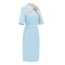 制服 ユニフォーム ワンピース 花柄リボン 半袖 無地 フィット タイト 夏 レディース コンパニオン 受付 フロント サロン イベント ショップ 接客 清潔感