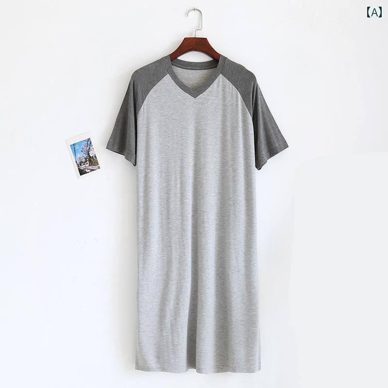 メンズ ナイトガウン ナイトドレス 夏 薄手 軽量 モダール ワンピース パジャマ ステッチ ミディアム ..