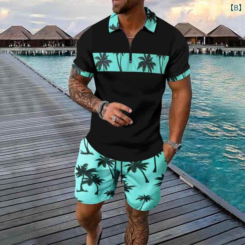 メンズ 夏 半袖 Tシャツ ショートパンツ スーツ レジャー リゾート ビーチスタイル 旅行 バケーション ツーピース セット