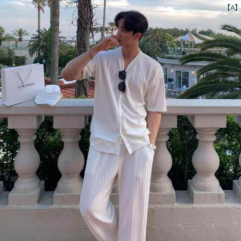 メンズ 韓国 カジュアル スポーツ スーツスタイル Vネック カーディガン 半袖 Tシャツ ズボン サマー ストレート 無地 モップパンツ