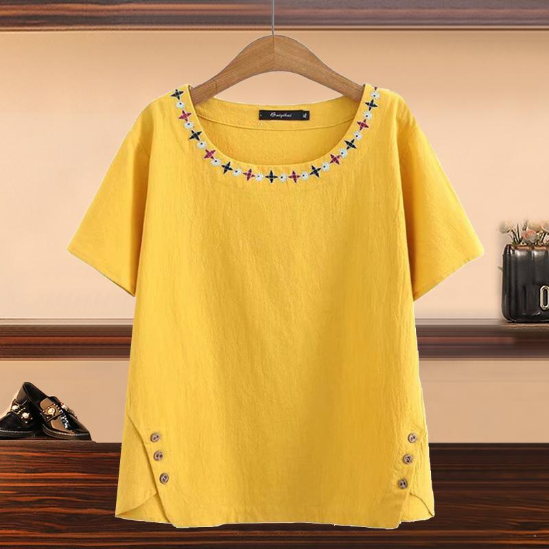 シャツ ブラウス ママ 夏 コットンリネン 刺繍入り 半袖 中年 女性 スリミング 若見え トップス マダム おしゃれ カジュアル ビジネス レジャー 休日 上品 スタイリッシュ お食事 デイリーユース