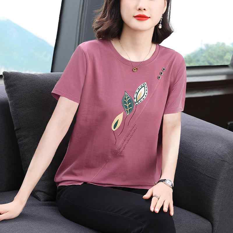 レディース トップス Tシャツ ラウンドネック 半袖 カラー刺繍 パッチ アップリケ 葉 リーフ ボタン装飾 おしゃれ ゆったり 薄手 大人向け ユニーク 紫ピンク オレンジ 紺(4)