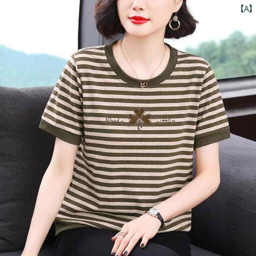 レディース ママ 夏 綿 半袖 カジュアル Tシャツ 着心地 女性 洋風 ファッション リラックス ストライプ トップス レディース ママ 夏 綿 半袖 カジュアル Tシャツ 着心地 女性 洋風 ファッション リラックス ストライプ トップス
