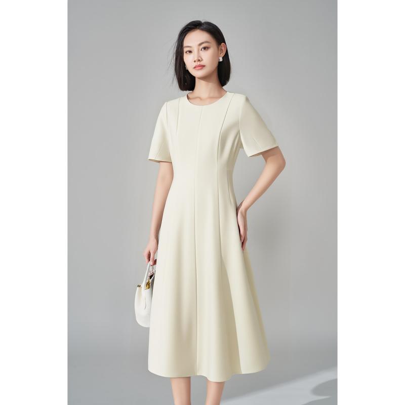 夏 エレガント フェミニン レディース ラウンドネック 通気性 シンプル 無地 Aライン シック ワンピース 日常使い おしゃれ 大人かわいい(4)