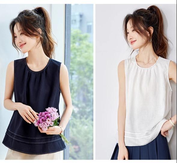 レディース トップス ノースリーブ タンクトップ 濃紺 白 ラウンドネック ステッチ プリーツ リヨセル 薄手 クール 涼感 シンプル ミニマル 無地 通気性 スタイリッシュ 快適