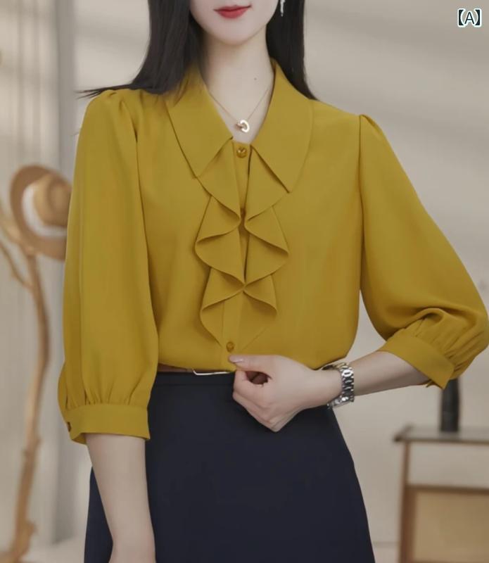 シャツ フリル シフォン シンプル 無地 トップス 七分袖 シングルブレスト ポロカラー ブラウス カジュアル ゆったり スリム 小さめ 薄型 夏 レディース 軽量 ソフト 通勤 オフィス 日常使い