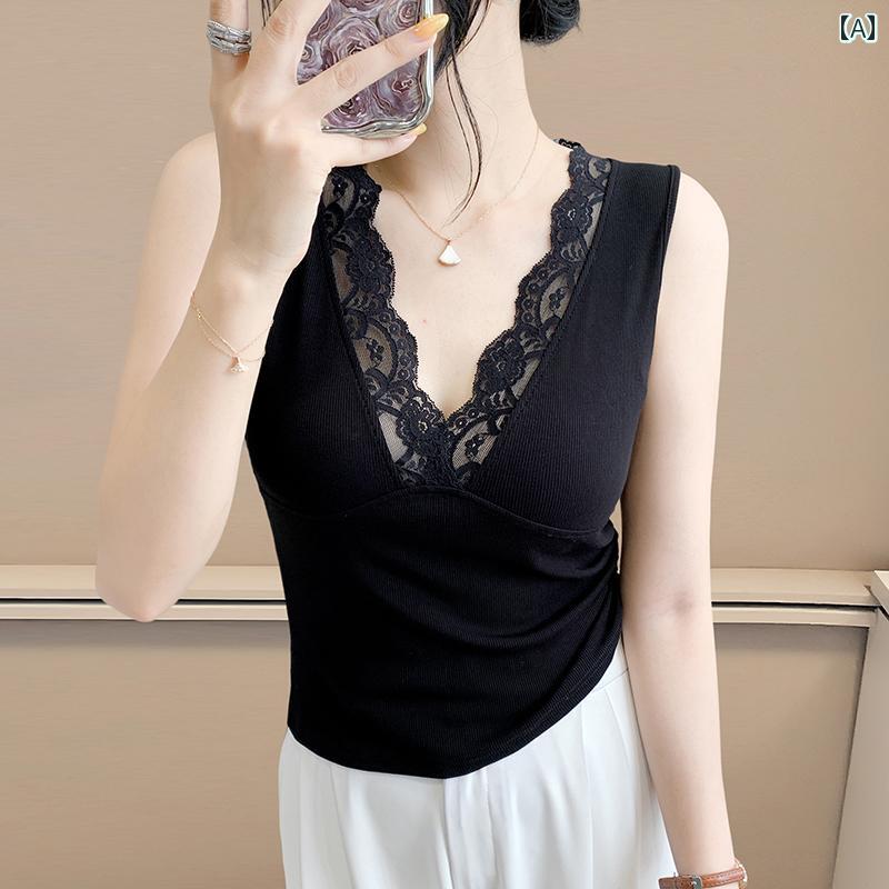 シャツ ブラック レース インナー ノースリーブ プルオーバー Vネック ショート丈 キャミソール カジュアル セクシー レイヤリング 夏 レディース 軽量 ソフト 通勤 オフィス 日常使い