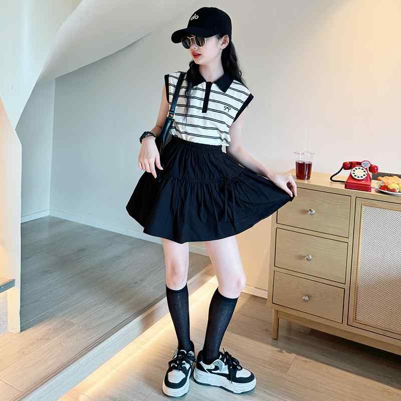 ポロシャツ ミニスカート セットアップ 女の子 夏服 子供用 ノースリーブ ポロカラー 大きいサイズ 子供 ツーピース スーツ 小学生 中学生 ガーリー キュート おしゃれ カジュアル 通学 デイリー