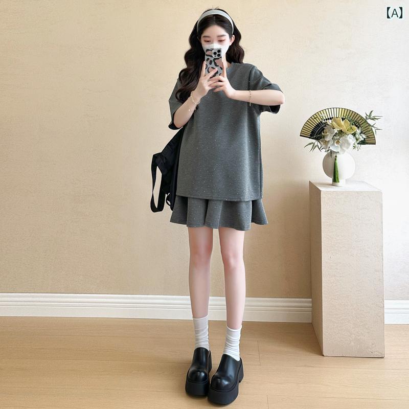 妊婦用 セット 鮮やかなラインストーン 半袖 Tシャツ お腹を覆う ショートパンツ スカート ツーピース ..