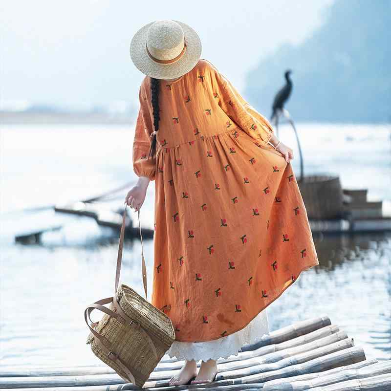 ワンピース ラウンドネック レディース 春 プルオーバー Aライン カジュアル オレンジ エレガント 刺繍 ロング 日常使い おしゃれ かわいい