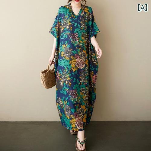 ワンピース レディース 半袖 ロング丈 ボヘミアン カジュアル 夏 リラックス ゆったり 体型カバー フローラル エレガント ナチュラル