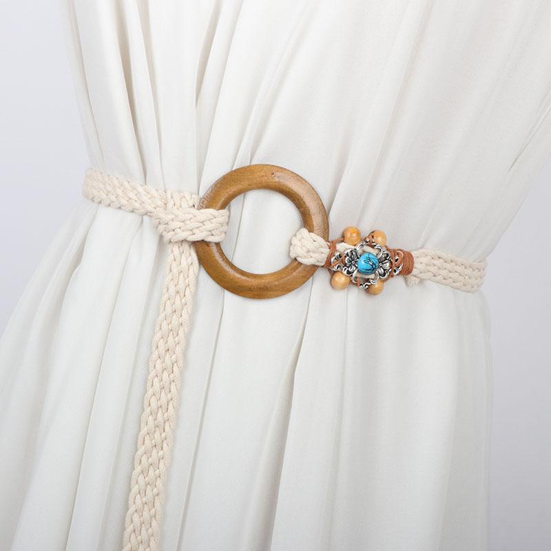 紐ベルト 女性用 麻縄結び ベルト ウエストチェーン 一重巻きスタイル ラウンドバックル アクセサリー ..