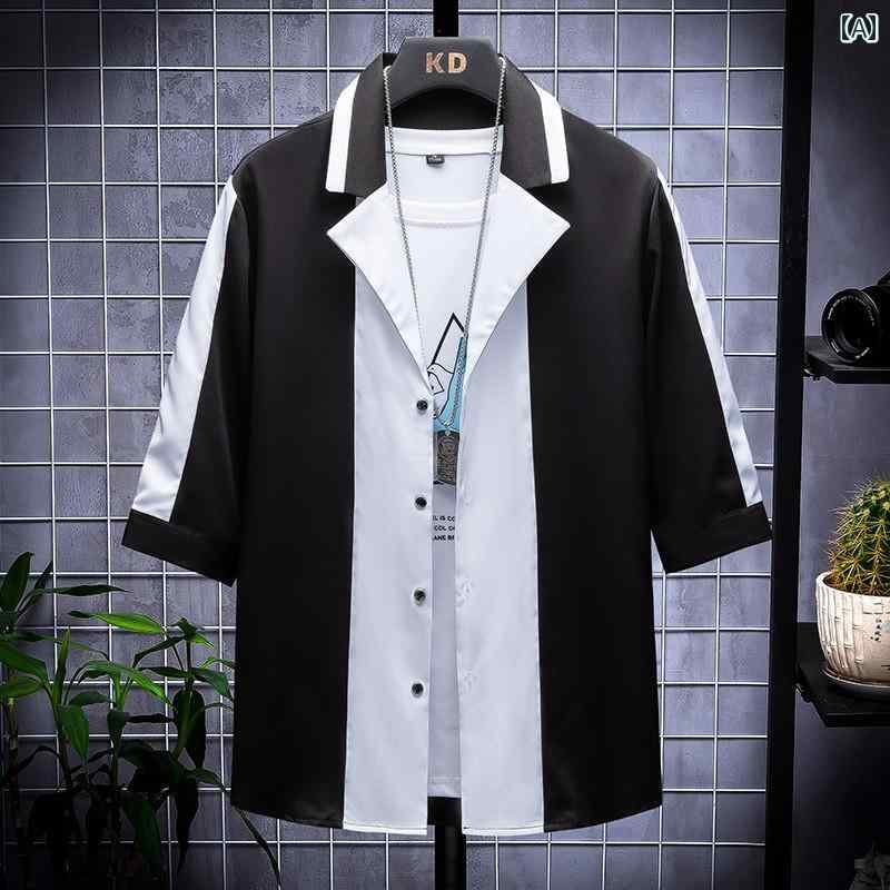 夏 冷感 ゆったり シャツ ジャケット メンズ ファッション 現代的 コントラスト カラー 新鮮 半袖 トップス スタイリッシュ カジュアル 無地