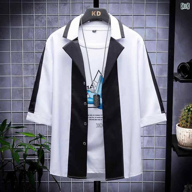 夏 冷感 ゆったり シャツ ジャケット メンズ ファッション 現代的 コントラスト カラー 新鮮 半袖 トップス スタイリッシュ カジュアル 無地