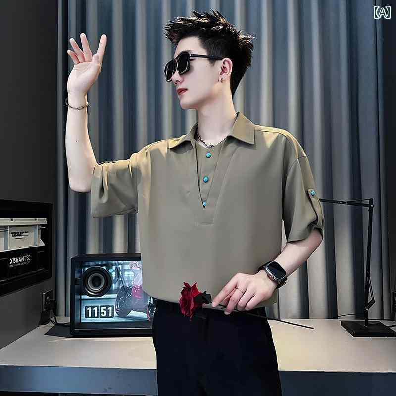 ポロシャツ 半袖 七分袖 Vネック 襟付き 無地 プルオーバー 薄手 涼感 夏 メンズ 美容師 カジュアル 若見え おしゃれ モダン