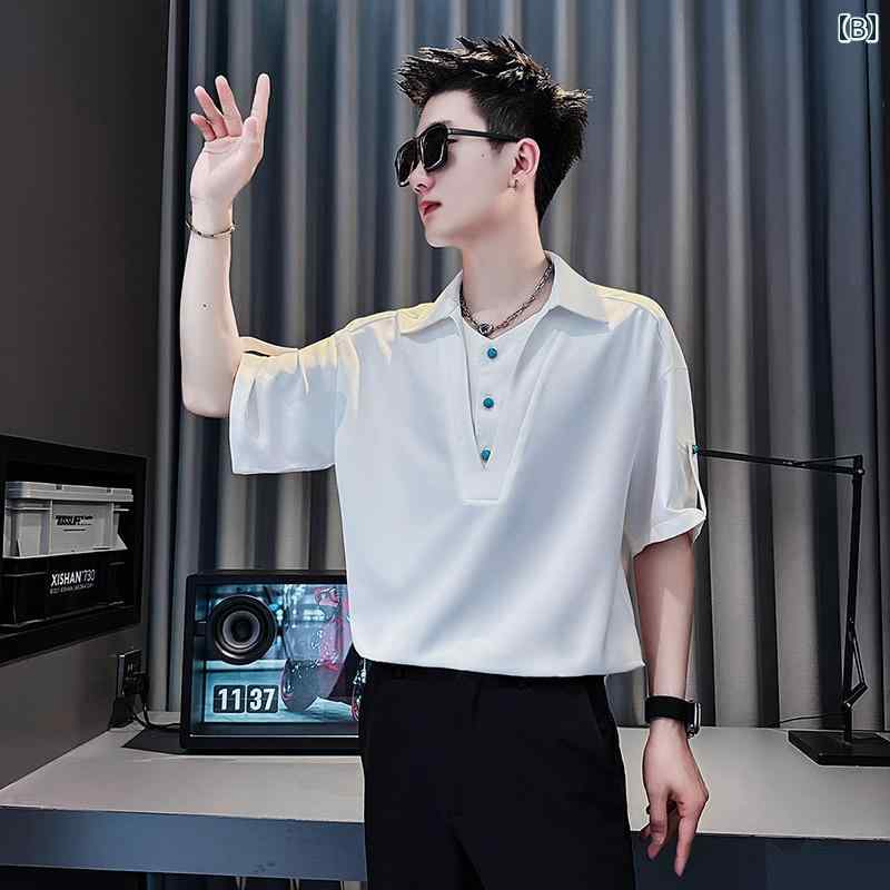 ポロシャツ 半袖 七分袖 Vネック 襟付き 無地 プルオーバー 薄手 涼感 夏 メンズ 美容師 カジュアル 若見え おしゃれ モダン