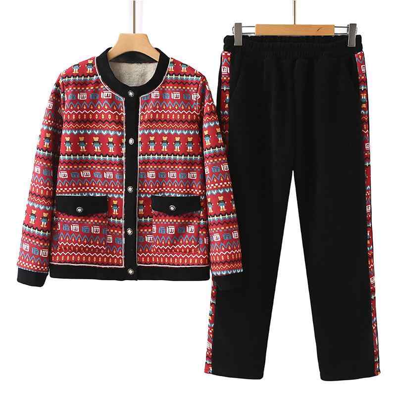 セットアップ カジュアル パンツ 中年 レディース 母親 秋冬服 長袖 プリントジャケット 裏起毛 ツーピース 体型カバー ミセス向け おしゃれ カジュアル アウトドア レジャー 休日 デイリー 万能コーデ