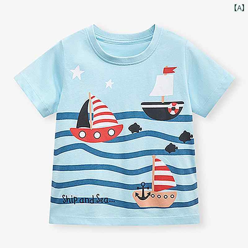 キッズ 男の子 コットン 半袖 Tシャツ ブルー ストライプ 帆船 夏 薄手 子供服 ベビー おしゃれ 丸首 トップス 爽やか