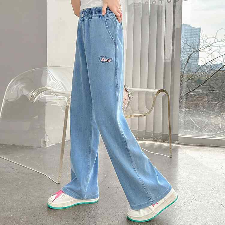 キッズ 涼しい ワイドレッグ ジーンズ 女の子用 夏 薄手 ゆったり 細身 モスキート防止 スタイリッシュ..