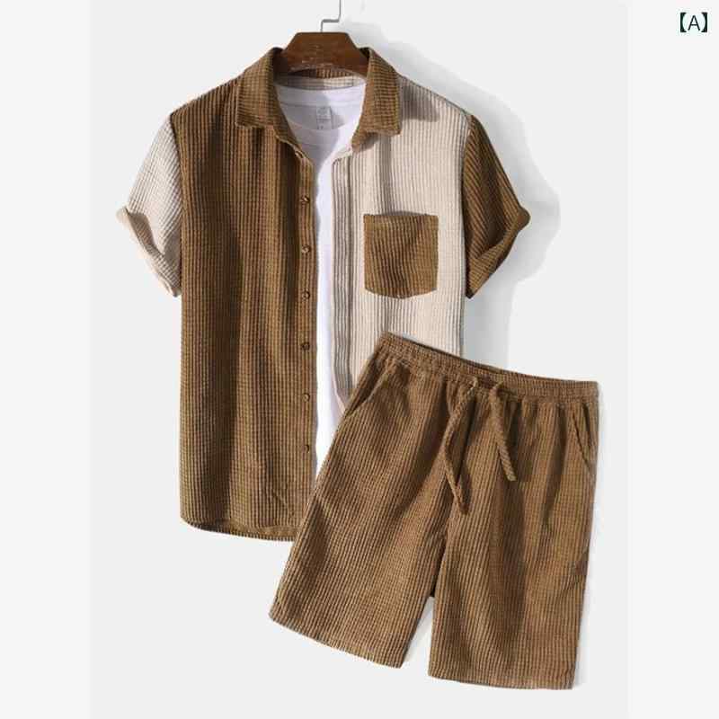 セットアップ メンズ 夏 カジュアル 半袖 ビーチ バケーション ショートパンツ 通気性 スタイリッシュ 涼感 コントラストカラー