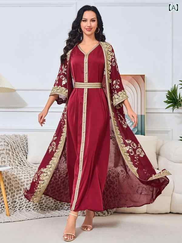 ドバイ アラビアン ドレス 中東 ファッション 婦人服 金 刻印 スタイリッシュ エキゾチック ローブ 豪..