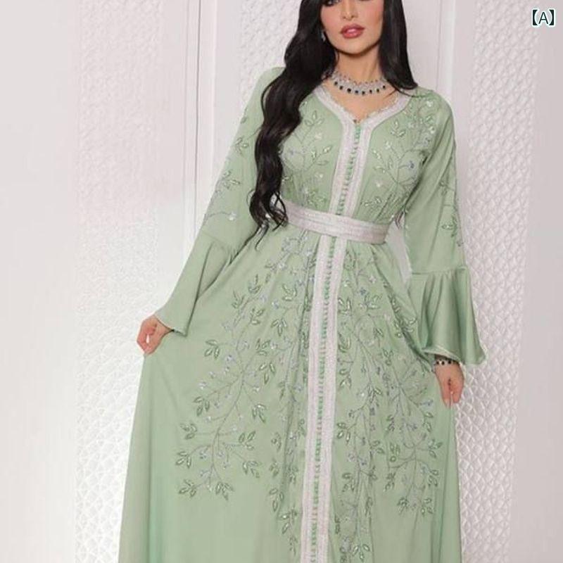 ワンピース 婦人服 中東 ホットラインストーン エレガント ローブ フローラル フラワーデザイン ドレープ アラビアン ドレス