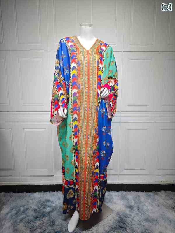 ワンピース レディース 中東 ドバイ アラブ 服 プリント ロングスリーブ ローブ スタイリッシュ バットスリーブ ドレス