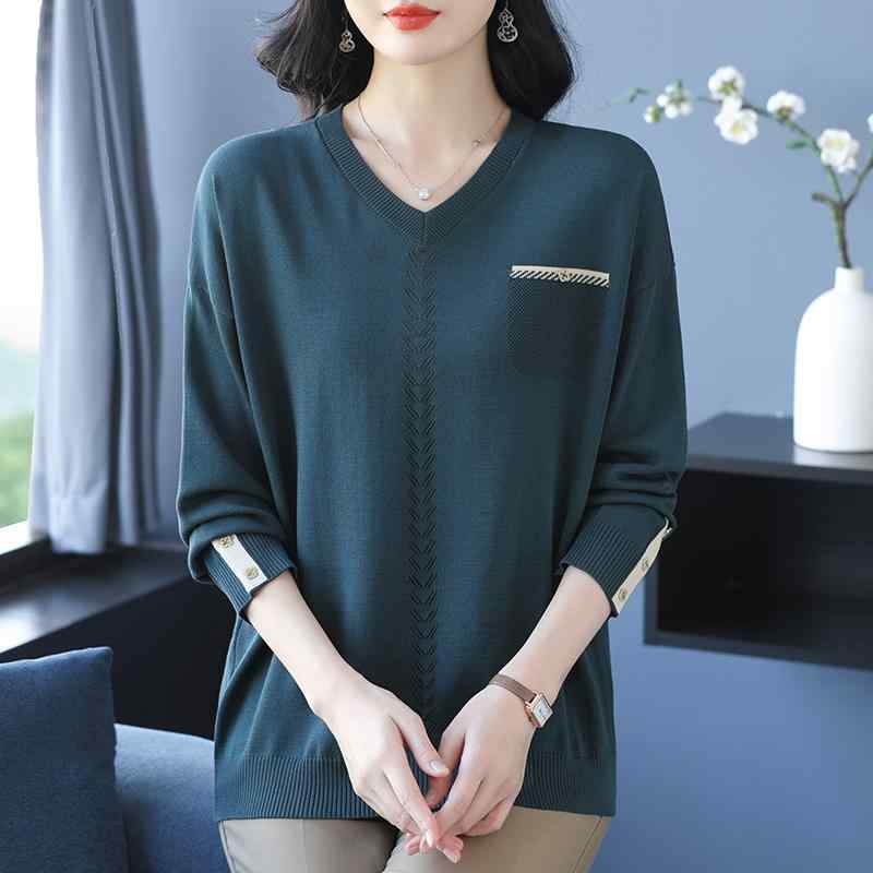 セーター ロングニット お母さん 春秋 Vネック 薄手 シルクニット レディース トップス インナーシャツ..