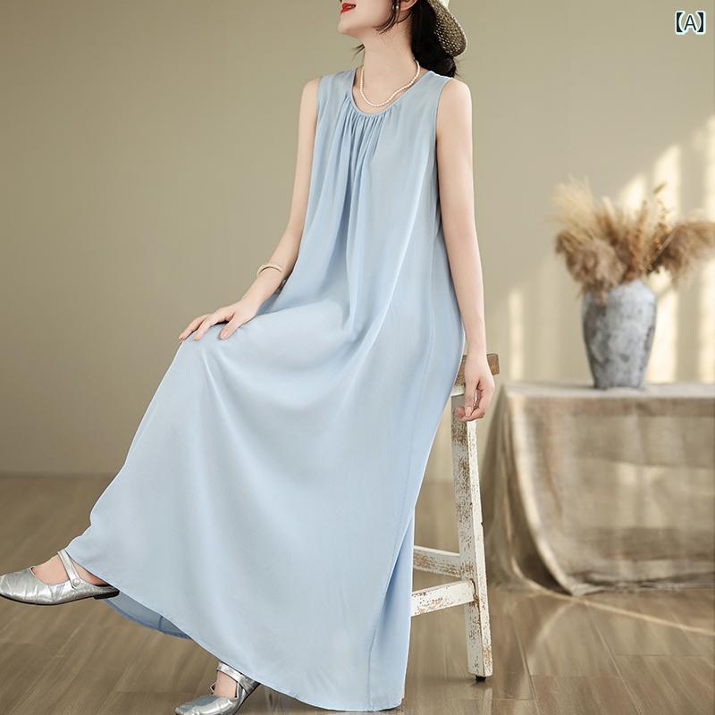 ワンピース レディース ノースリーブ ロング丈 フレンチ 夏 大きいサイズ ゆったり シンプル リラックス 上品 リゾート 涼感 エレガンス