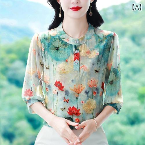 シャツ 花柄 プリント トップス 七分袖 プルオーバー ラウンドネック カジュアル ゆったり スリム ファッション お腹 カバー 夏 レディース ママ 軽量 ソフト 通勤 オフィス 日常使い