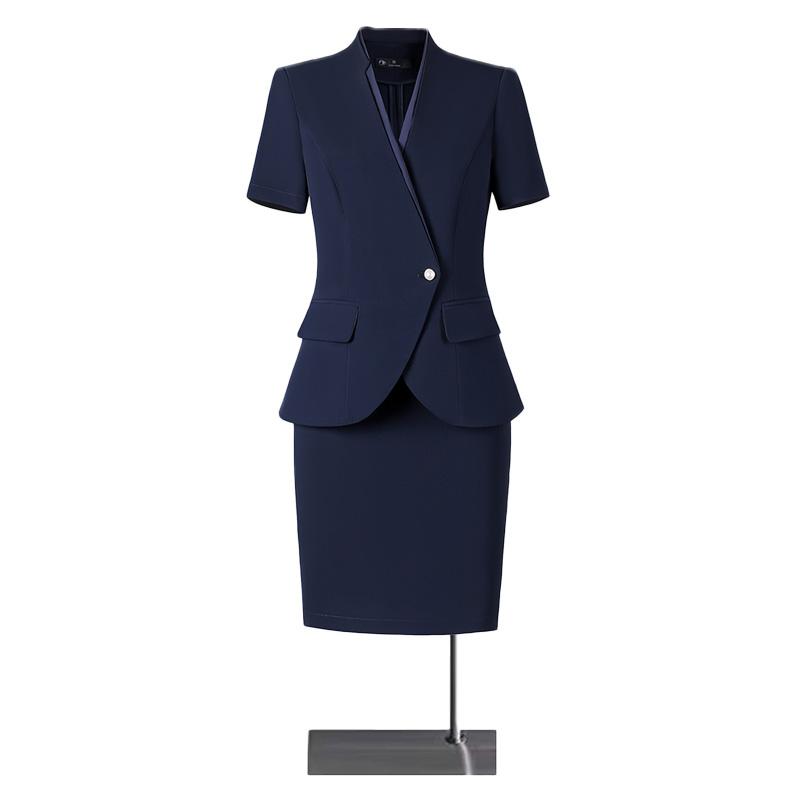レディース スーツ セットアップ 3点 半袖 上着 ジャケット 膝上丈スカート パンツ ワイド フレア ストレート 黒 紺 白 ノーカラー 斜め合わせ ボタン1つ スタイリッシュ オフィス 制服 スタッフ