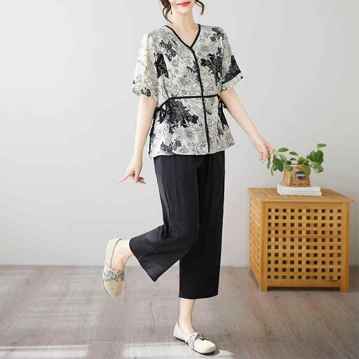 セットアップ サマー カジュアル パンツ ミセス使用 ママ 夏 シフォン 半袖 レディース リッチ 妻 ツーピース おしゃれ カジュアル レジャー 休日 ママ友 デイリー セットアップ サマー カジュアル パンツ ミセス使用 ママ 夏 シフォン 半袖 レディース リッチ 妻 ツーピース おしゃれ カジュアル レジャー 休日 ママ友 デイリー