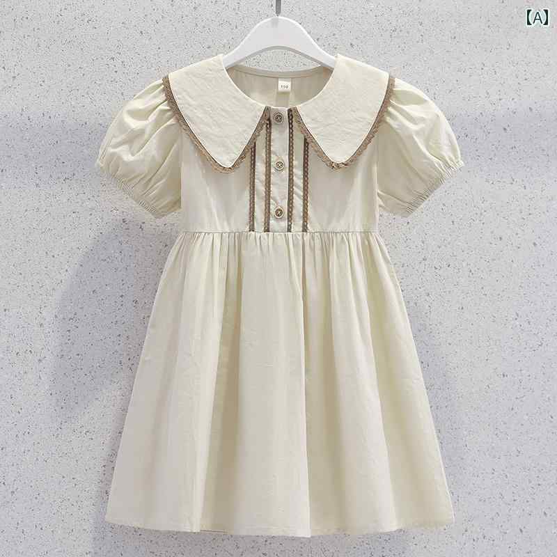 女の子 半袖 ドレス 夏 子供用 コットン スカート 薄手 ガールズ ドールカラー デイリー プリンセス ワンピース