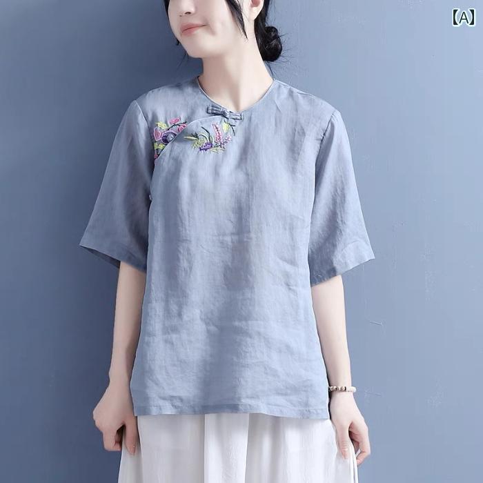 トップス レディース 夏 レトロ リネン オリーブウッド ボタン 刺繍 半袖 コットン Vネック ラウンドネック Tシャツ