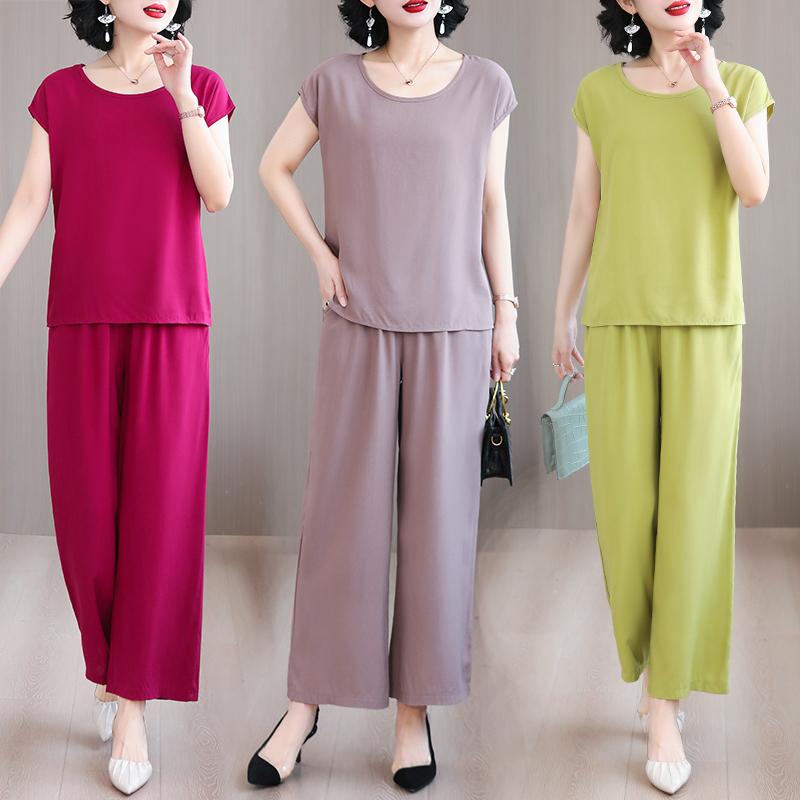 レディース セットアップ 夏 半袖 シャツ ワイドパンツ シンプル カジュアル ラウンドネック ママコーデ パジャマ ルームウェア リラックス ラフ 上品 エレガント(4)