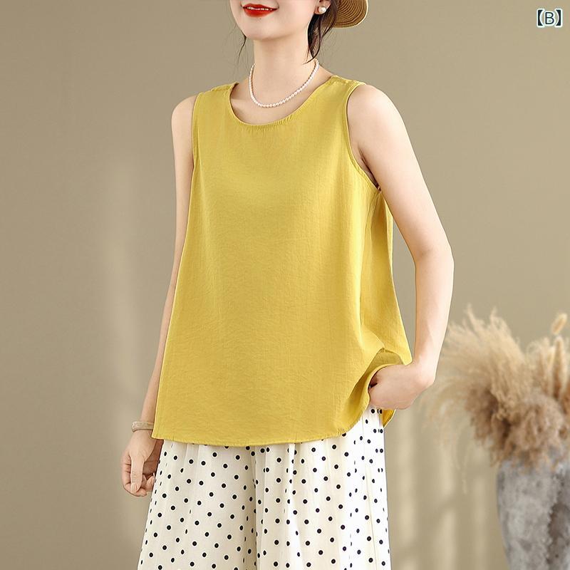 ツーピース 綿 麻 ノースリーブ プルオーバー ラウンドネック シャツ ワイドレッグ ドット柄 パンツ セットアップ 体型カバー 細見え 夏 レディース 軽量 ソフト 通勤 オフィス 日常使い