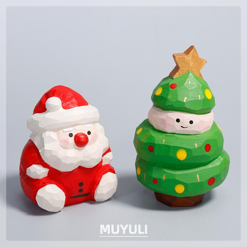 手彫り 木製 サンタクロース クリスマスツリー 季節物 ハンドメイド インテリア 置物 オーナメント オ..