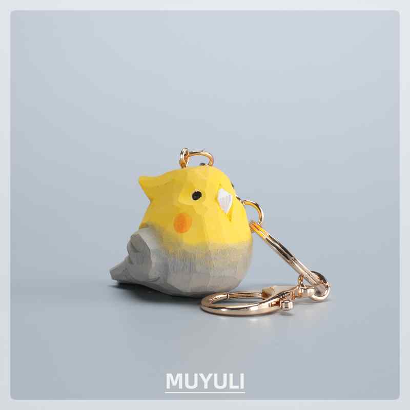 木彫り ハンドクラフト 天然素材 ナチュラル オウム キーホルダー アクセサリー チャーム グレー バッグ ミニチュア かわいい カップル 雑貨 ギフト コレクション 軽量