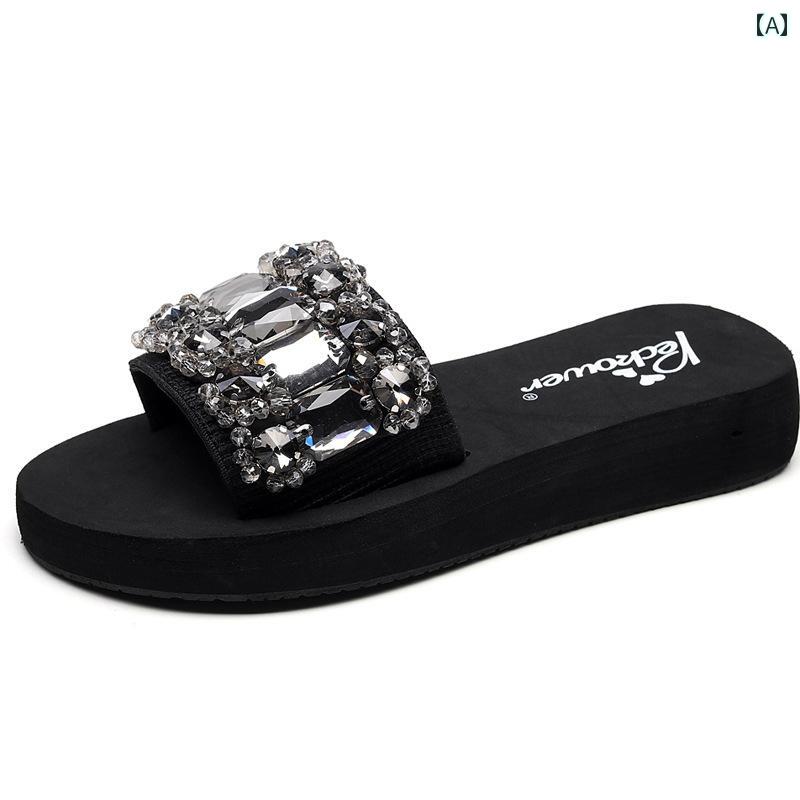 サンダル レディース ビーチ 夏 ウェッジ ヒール 厚底 ラインストーン 海辺 ミディアム