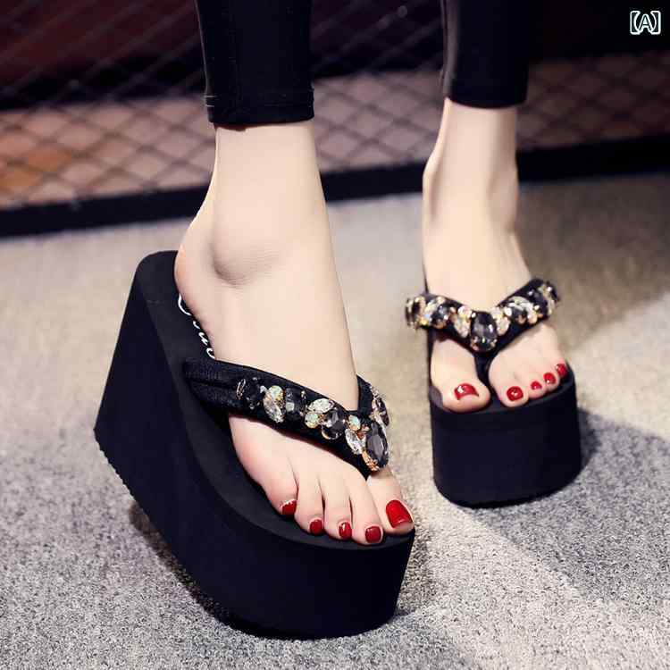 サンダル レディース ビーチ ハイヒール 夏 ファッション ラインストーン 滑り止め 厚底 女性用