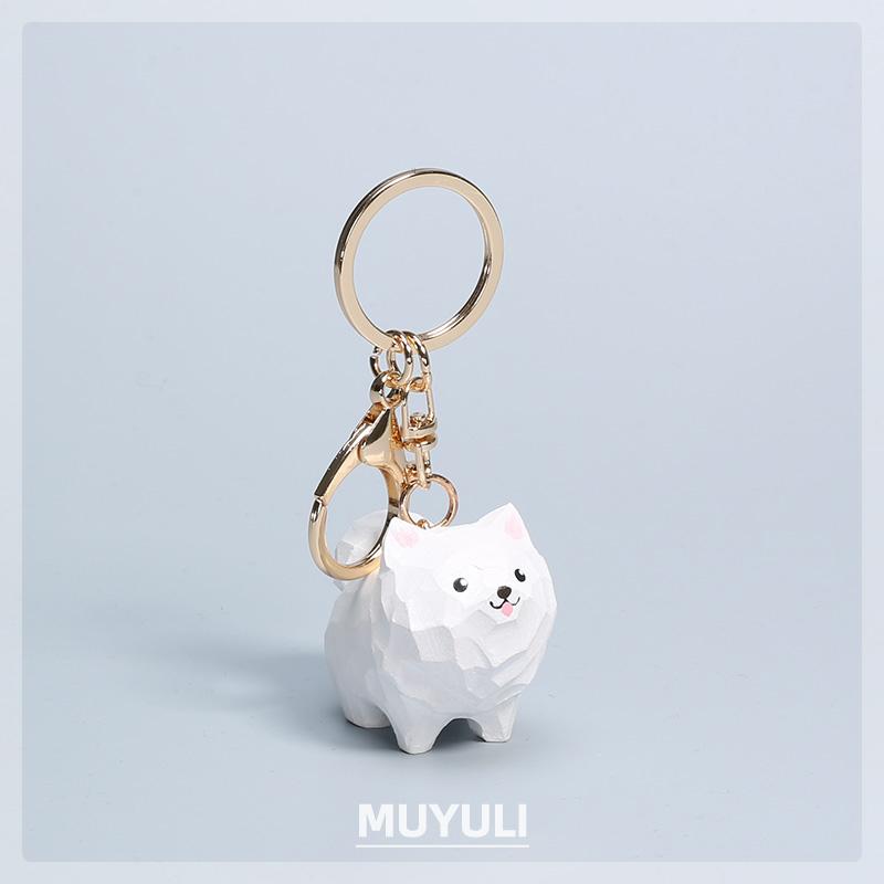 木彫り サモエド 動物 キーホルダー チャーム アクセサリー オーナメント ハンドメイド ミニチュア 犬モチーフ カップル バッグ装飾 かわいい 癒し系 ギフト ナチュラル(4)