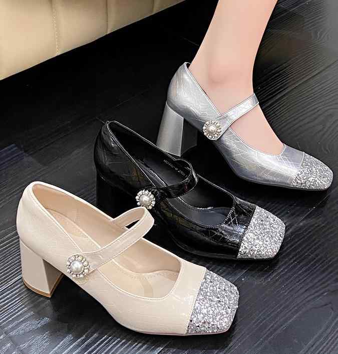 レディース 靴 シューズ ハイヒール 7cm ストラップ スパンコール ラインストーン つま先 キラキラ 厚底 黒 シルバー アイボリー 薄ベージュ 浅い PU 合成皮革 おしゃれ 優雅 エレガント 安定
