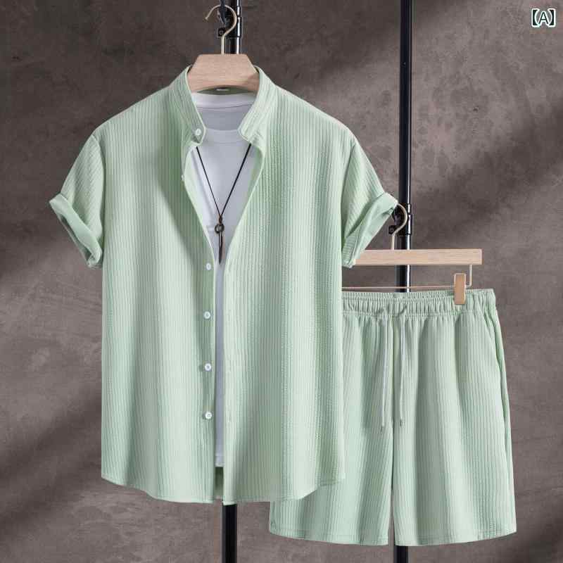 セットアップ メンズ 半袖 ショートパンツ シンプル ベーシック リラックス グリーン リゾート 合わせやすい カジュアル(4)