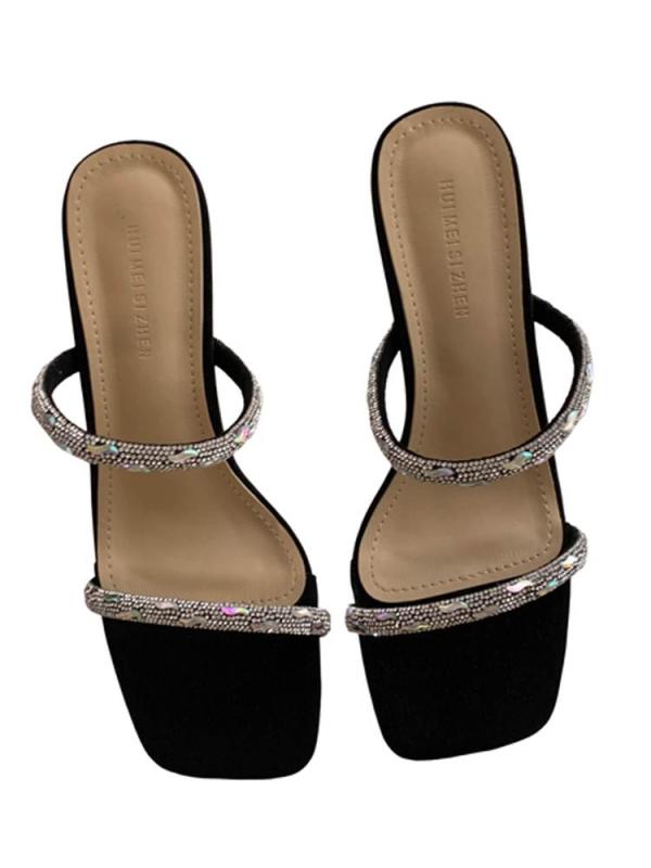 韓国 夏 ハイヒール レディース ラインストーン スクエアトゥ ストラップ キラキラ ラグジュアリー 華やか パーティー おしゃれ